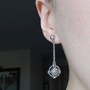 Vintage gothic medieval chain mail long dangly caged pearl silver earrings